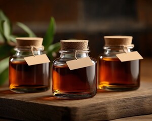 A trio of glass jars with a rustic design, filled with brown liquid and blank labels, arranged on a wooden table, creating a perfect scene for DIY and customization projects