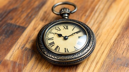 Antique pocket watch on wooden surface.