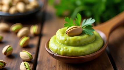 Pistachio puree in a spoon with garnish. Healthy organic food photography with vibrant green color and rustic kitchen style