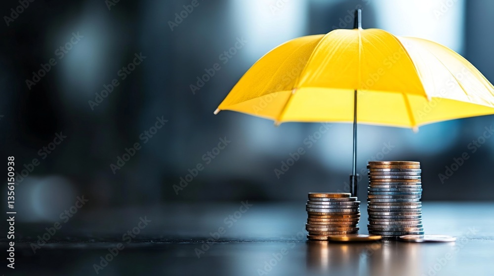 Aufkleber a yellow umbrella rises above multiple stacks of coins, symbolizing security and privacy in banking.