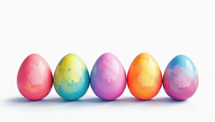 Vibrant Pastel Easter Eggs Arranged in a Perfect Row for worthy Content. A row of brightly colored eggs on a white background.