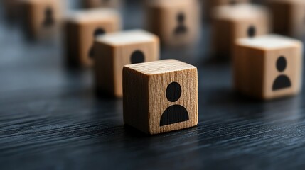 Human resources manager icon with a human figure and mugshotstyle blocks, illustrating the job selection process, blurred background with copy space for recruitment concepts