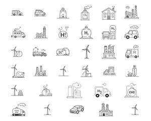 Hydrogen Energy and Sustainable Transport Icons – Clean Energy Line Illustrations.