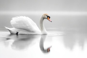 Fototapeta premium Elegant swan glides gracefully on a serene lake at dawn