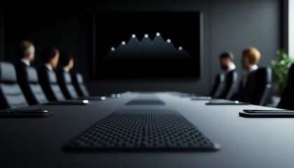Empty screen in a contemporary conference room, with a group of business people sitting around a clean, modern table, preparing for a meeting