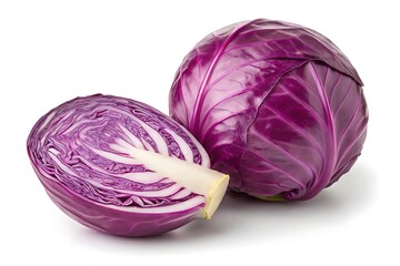 Fototapeta premium Fresh red cabbage whole and half isolated on white background