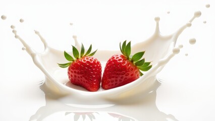 Ripe strawberries in milk splash, symbolizing freshness, natural flavor, and dairy product concept.