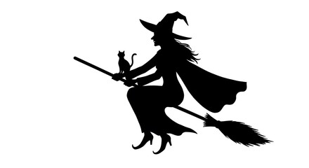 Witch on broom with cat, flying through a spooky night.