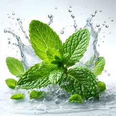 A fresh mint leaves with splashing water drops isolated on white background