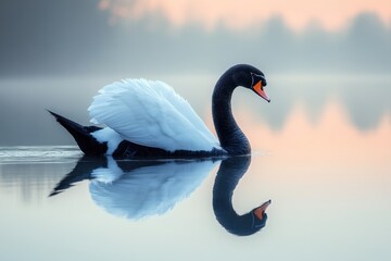 Fototapeta premium Majestic black swan gliding peacefully on a serene lake at dawn