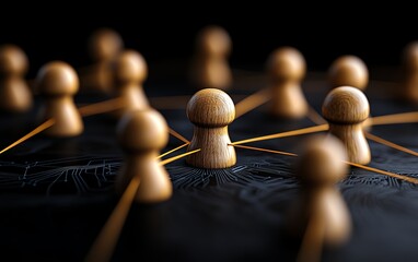 Obraz premium Conceptual image of wooden pegs linked by delicate golden threads on a dark techinspired background