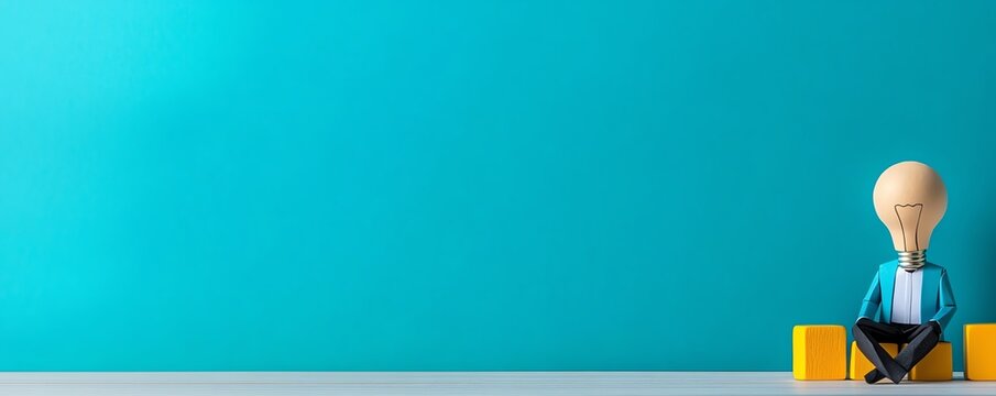 Blue wooden background with a paper human figure, light bulb, and blocks, emphasizing the role of coaching in personal and professional growth