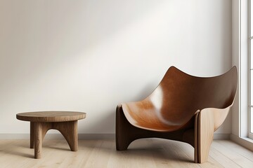 Modern mid century and minimalist interior of living room ,leather armchair with table on white wall and wood floor ,3d render