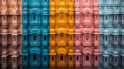 Vibrant facade featuring a blend of blue, yellow, and pink architectural elements.