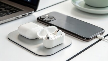 Well Being Life Concept. Modern Wireless Earbuds Resting on a Sleek Charging Pad, Next to a Smartphone and Laptop. A Tech-Focused Image.