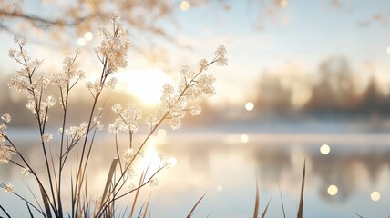 Obraz premium Delicate flowers blooming near a serene lake at sunrise, capturing the tranquility of nature's beauty and soft hues.