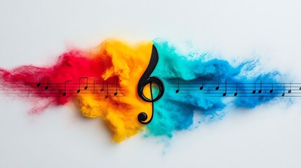A vibrant, artistic scene of musical notes and a treble clef, bursting with colorful energy, symbolizing the creative power of music and expression