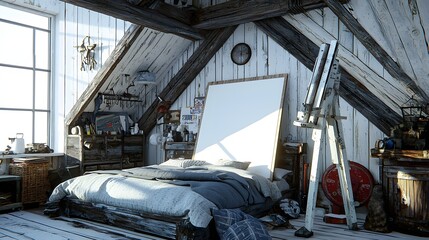 Cozy Attic Bedroom with Large Window and Artistic Decor in Natural Light and Wooden Beams