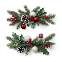 Festive holiday arrangement with pinecones, ornaments, and holly leaves.