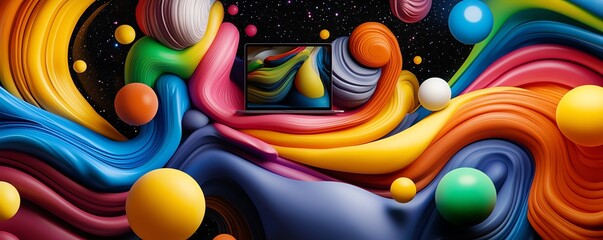 A striking and colorful digital artwork featuring a laptop with abstract digital patterns, surrounded by radiant floating orbs, set against a cosmic background of stars and nebulae