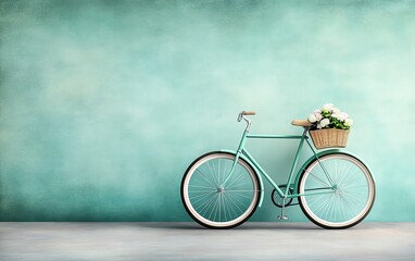 Obraz premium A serene and delicate watercolor illustration of a vintage bicycle with flowerfilled baskets, set against a soft, pastelhued backdrop, conveying a sense of tranquility and charm