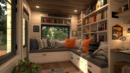 A sleek camper van designed with a snug, built-in reading corner.







