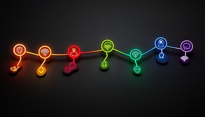 Stylized infographic of humanshaped icons connected by curved neon pathways, representing corporate collaboration and HR innovation, modern UIUX design, ultraHD