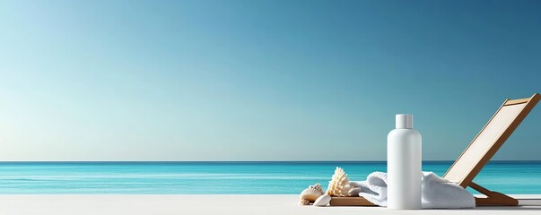 Sun cream bottle mockup resting on a beach chair with a towel, surrounded by seashells and the ocean, representing sun protection and beach lifestyle
