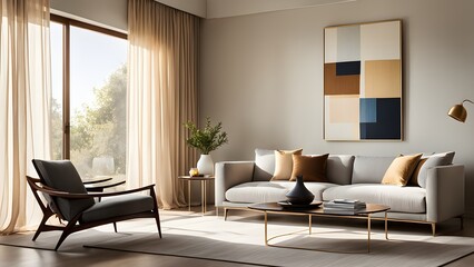 Fototapeta premium Modern living room interior design showcasing a comfortable sofa armchair, bathed natural sunlight streaming through sheer curtains.