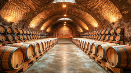 Old wine cellar featuring wooden barrels arranged neatly under arched brick ceilings in a peaceful atmosphere