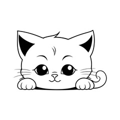 A black and white vector silhouette of a baby cat with big sad eyes, sitting in a corner on a white background