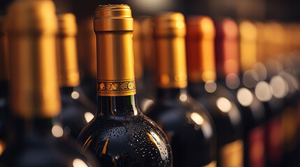 Elegant row of wine bottles, soft light enhancing textures, a refined display of sophistication and craftsmanship.