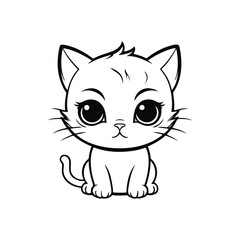 A black and white vector silhouette of a lonely baby cat standing with a sorrowful face on a white background