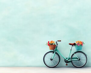 Fototapeta premium A dreamy watercolor illustration of a vintage bicycle adorned with colorful flower baskets, set against a soft, pasteltoned background, evoking feelings of calm and nostalgia