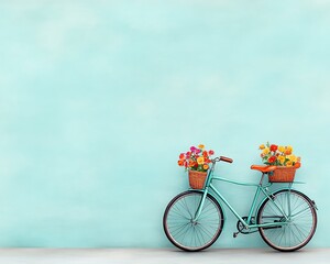 Fototapeta premium A dreamy watercolor illustration of a vintage bicycle adorned with colorful flower baskets, set against a soft, pasteltoned background, evoking feelings of calm and nostalgia