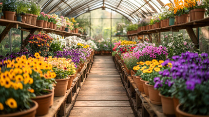 Vibrant greenhouse filled with colorful flowers in pots showcasing nature's beauty during golden hour