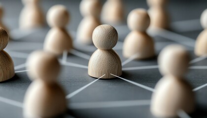 Wooden figures linked in a network on a white surface, representing human resources strategy, team building, and effective organizational management