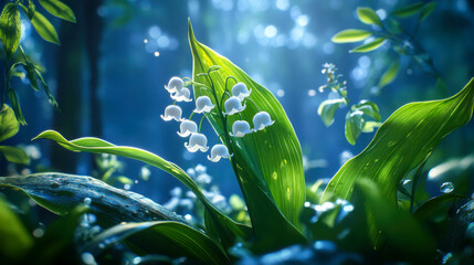 Elegant lily of the valley flower blossoms amidst lush greenery in a serene woodland setting during early morning light