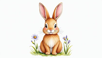 Obraz premium Cute Brown Watercolor Rabbit Sitting in Green Grass with Flowers on White Background