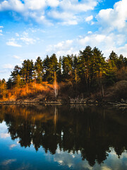 The picturesque shore with pine trees is reflected in the calm water. Warm sunlight emphasizes the contrast of winter and spring.