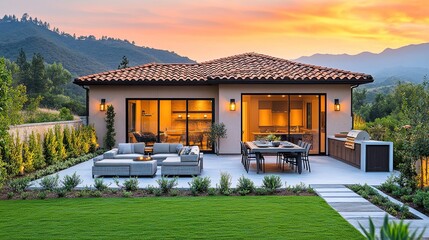 Obraz premium Elegant home with patio and outdoor kitchen under soft sunset glow, serene and inviting atmosphere.