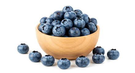 Fresh blueberries in a wooden bowl, isolated on white. Perfect for food, health, and antioxidant concepts.
