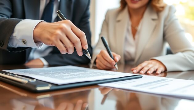 A crucial business deal being finalized, three professionals meticulously signing important legal documents together, showcasing unity and trust in a sophisticated office setting with warm lighting.