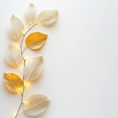 Delicate white and gold leaves illuminated with soft lights on a light background.