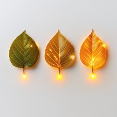 Fototapeta premium Three vibrant leaves with glowing lights, showcasing nature's beauty and creativity.