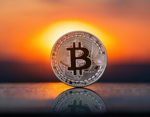 A luminous silver Bitcoin against a smooth, gradient sunset background