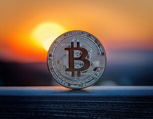 A luminous silver Bitcoin against a smooth, gradient sunset background