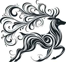 deer vector floral swirls and leaf silhouettes design a vintage pattern