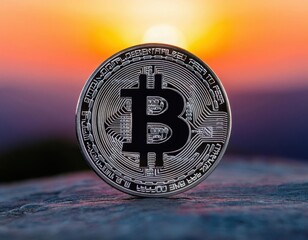 A luminous silver Bitcoin against a smooth, gradient sunset background