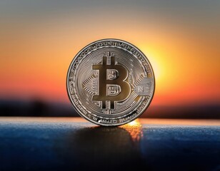 A luminous silver Bitcoin against a smooth, gradient sunset background